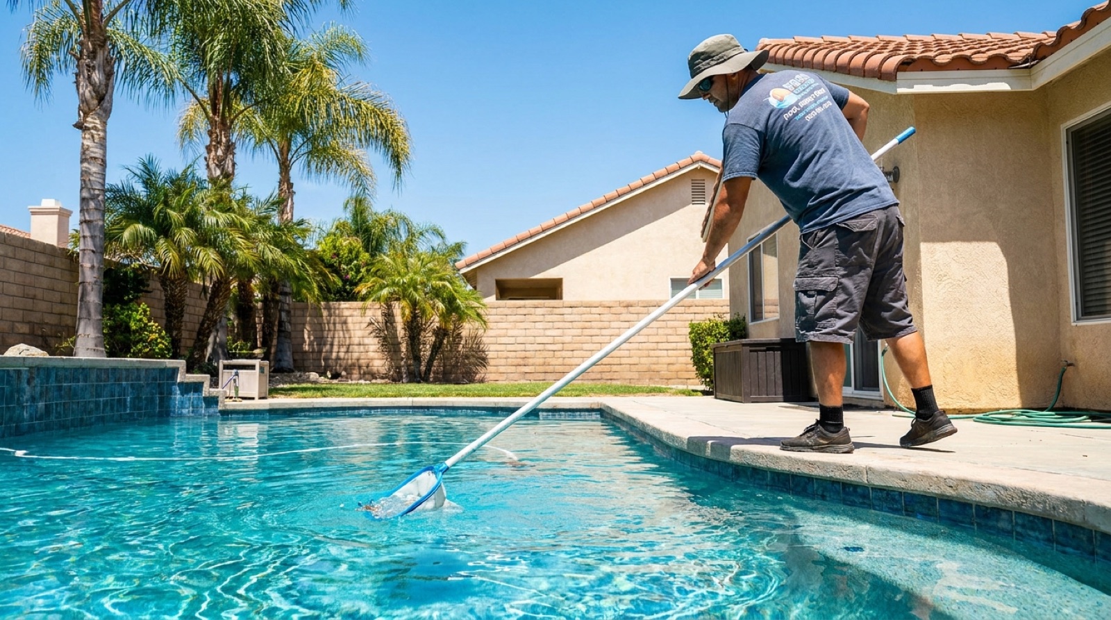 Bright Blue Pools technician servicing a sparkling backyard pool